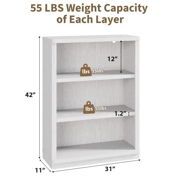 Alt view image 3 of 6 - 3 -Tier Bookcase, 42" Tall Book Shelf, 31 Wide Bookshelves, Wooden Bookcase Display Storage for Home Office, Living Room and Study Room (White)