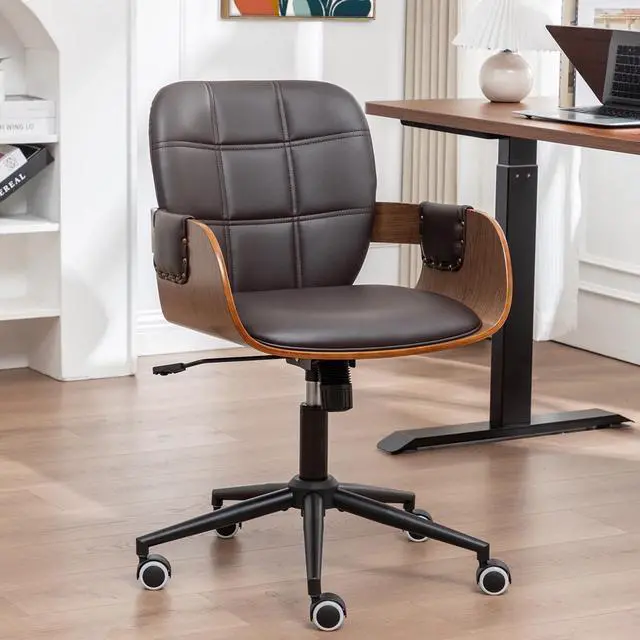 Main image of Home Office Desk Chair with Caster Wheels, Walnut Craftsmanship, Ergonomic Curved Back and Arms, Faux Leather, Height Adjustable, Ideal for Desk Work, Conference Rooms, Set of 1/Coffee Brown