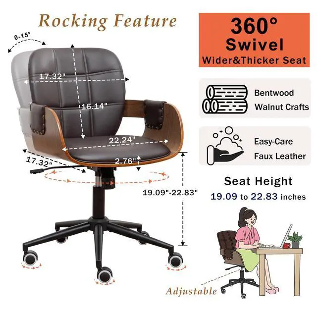 Alt view image 2 of 6 - Home Office Desk Chair with Caster Wheels, Walnut Craftsmanship, Ergonomic Curved Back and Arms, Faux Leather, Height Adjustable, Ideal for Desk Work, Conference Rooms, Set of 1/Coffee Brown