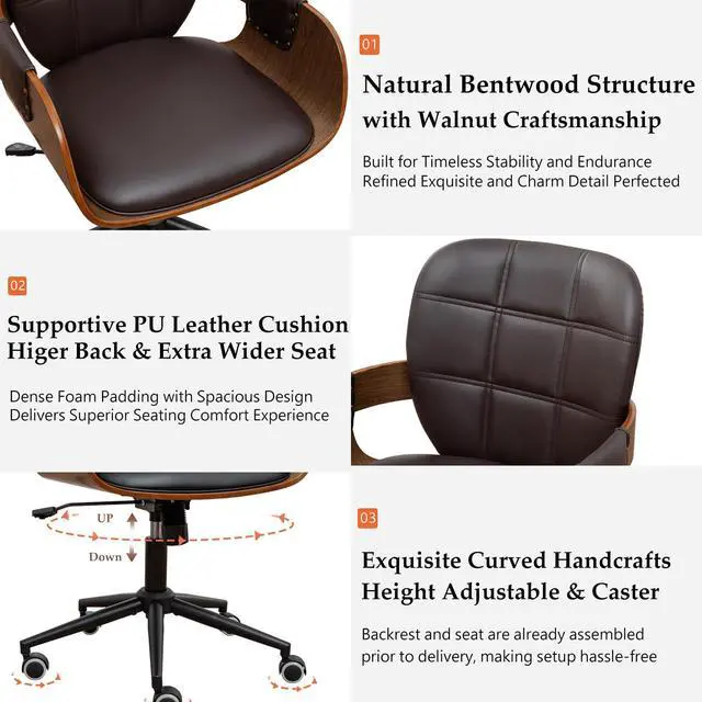 Alt view image 3 of 6 - Home Office Desk Chair with Caster Wheels, Walnut Craftsmanship, Ergonomic Curved Back and Arms, Faux Leather, Height Adjustable, Ideal for Desk Work, Conference Rooms, Set of 1/Coffee Brown
