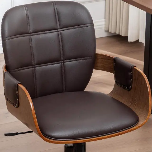 Alt view image 6 of 6 - Home Office Desk Chair with Caster Wheels, Walnut Craftsmanship, Ergonomic Curved Back and Arms, Faux Leather, Height Adjustable, Ideal for Desk Work, Conference Rooms, Set of 1/Coffee Brown