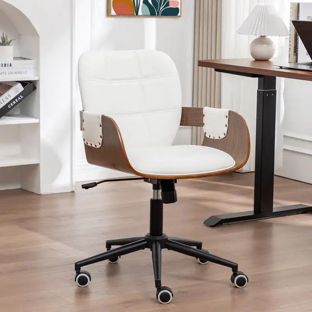 Main image of Home Office Desk Chair with Caster Wheels, Walnut Craftsmanship, Ergonomic Curved Back and Arms, Faux Leather, Height Adjustable, Ideal for Desk Work, Conference Rooms, Set of 1/Walnut White