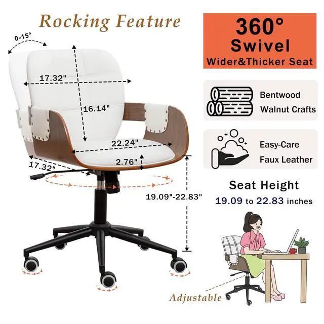 Alt view image 2 of 6 - Home Office Desk Chair with Caster Wheels, Walnut Craftsmanship, Ergonomic Curved Back and Arms, Faux Leather, Height Adjustable, Ideal for Desk Work, Conference Rooms, Set of 1/Walnut White