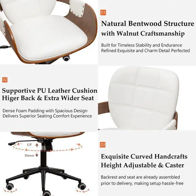 Alt view image 3 of 6 - Home Office Desk Chair with Caster Wheels, Walnut Craftsmanship, Ergonomic Curved Back and Arms, Faux Leather, Height Adjustable, Ideal for Desk Work, Conference Rooms, Set of 1/Walnut White