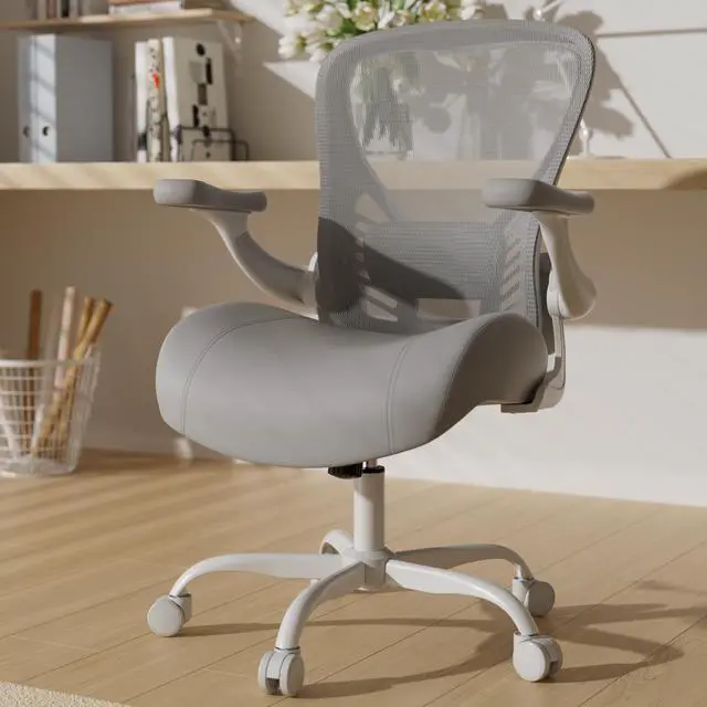 Main image of Ergonomic Office Chair with Memory Foam Cushion, Big and Tall Office Chair, 4.7" Thickened Seat Heavy Duty Desk Chair with Technical Mesh Back, 3D Flip-up Arms, Wheels for Heavy People, Grey