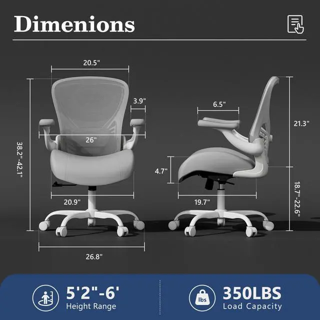 Alt view image 2 of 6 - Ergonomic Office Chair with Memory Foam Cushion, Big and Tall Office Chair, 4.7" Thickened Seat Heavy Duty Desk Chair with Technical Mesh Back, 3D Flip-up Arms, Wheels for Heavy People, Grey