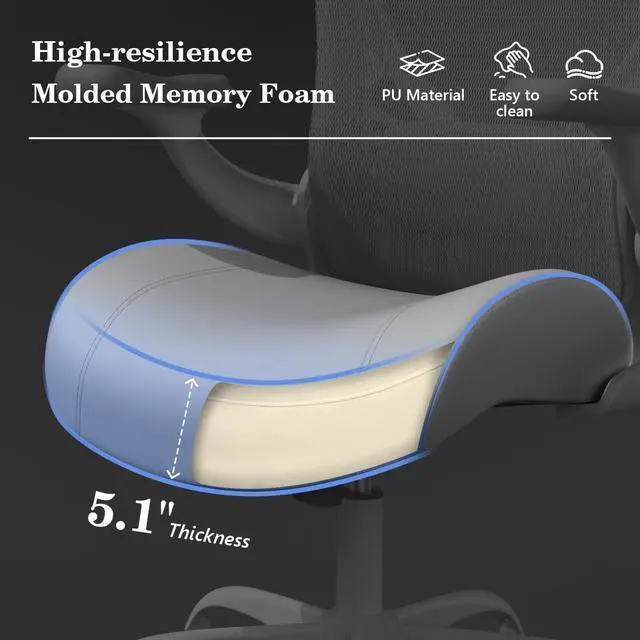 Alt view image 3 of 6 - Ergonomic Office Chair with Memory Foam Cushion, Big and Tall Office Chair, 4.7" Thickened Seat Heavy Duty Desk Chair with Technical Mesh Back, 3D Flip-up Arms, Wheels for Heavy People, Grey
