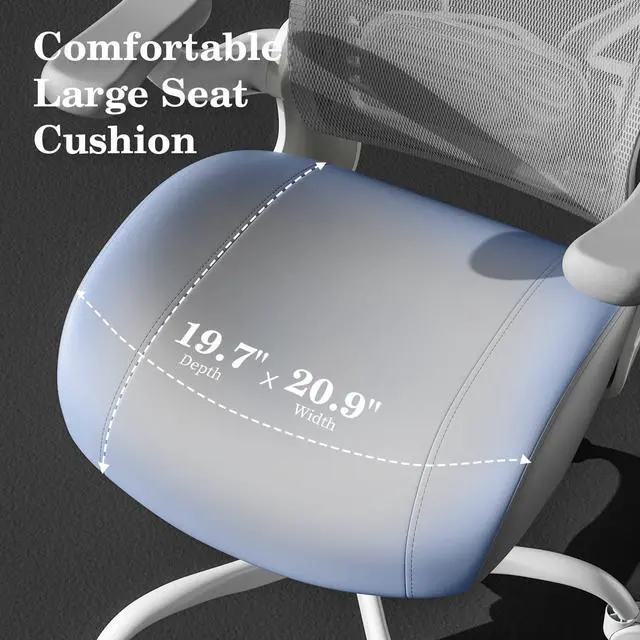 Alt view image 4 of 6 - Ergonomic Office Chair with Memory Foam Cushion, Big and Tall Office Chair, 4.7" Thickened Seat Heavy Duty Desk Chair with Technical Mesh Back, 3D Flip-up Arms, Wheels for Heavy People, Grey