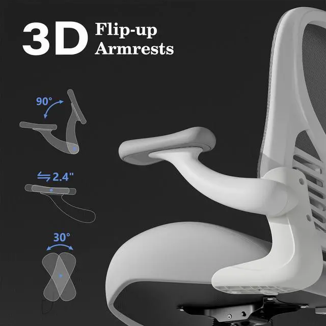 Alt view image 5 of 6 - Ergonomic Office Chair with Memory Foam Cushion, Big and Tall Office Chair, 4.7" Thickened Seat Heavy Duty Desk Chair with Technical Mesh Back, 3D Flip-up Arms, Wheels for Heavy People, Grey