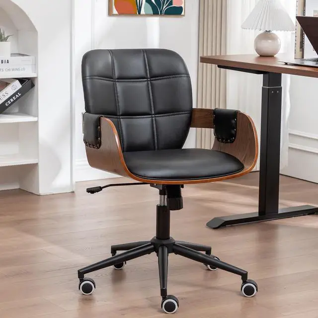 Main image of Home Office Desk Chair with Caster Wheels, Walnut Craftsmanship, Ergonomic Curved Back and Arms, Faux Leather, Height Adjustable, Ideal for Desk Work, Conference Rooms, Set of 1/Walnut Black