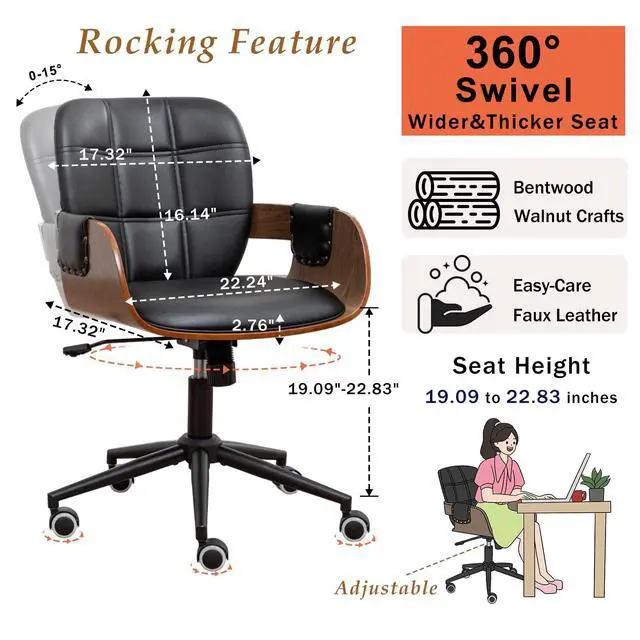 Alt view image 2 of 6 - Home Office Desk Chair with Caster Wheels, Walnut Craftsmanship, Ergonomic Curved Back and Arms, Faux Leather, Height Adjustable, Ideal for Desk Work, Conference Rooms, Set of 1/Walnut Black