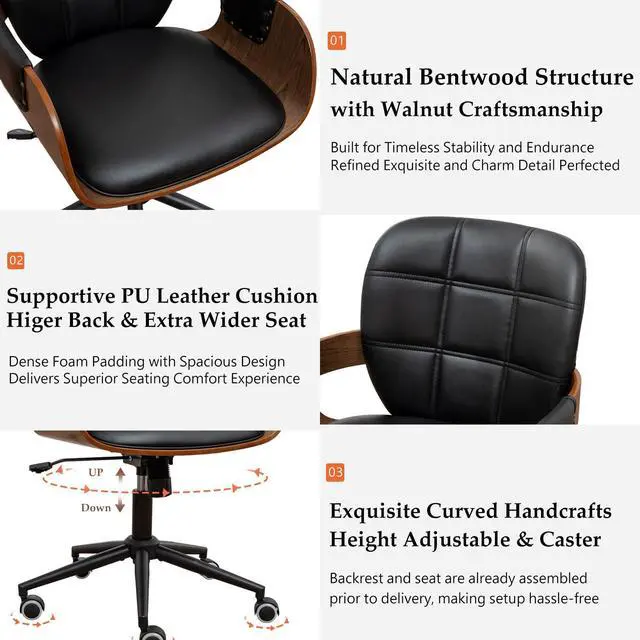 Alt view image 3 of 6 - Home Office Desk Chair with Caster Wheels, Walnut Craftsmanship, Ergonomic Curved Back and Arms, Faux Leather, Height Adjustable, Ideal for Desk Work, Conference Rooms, Set of 1/Walnut Black