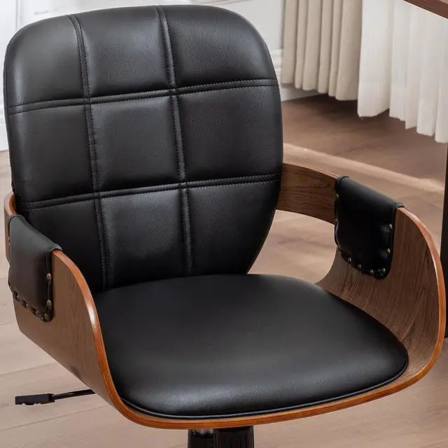 Alt view image 6 of 6 - Home Office Desk Chair with Caster Wheels, Walnut Craftsmanship, Ergonomic Curved Back and Arms, Faux Leather, Height Adjustable, Ideal for Desk Work, Conference Rooms, Set of 1/Walnut Black