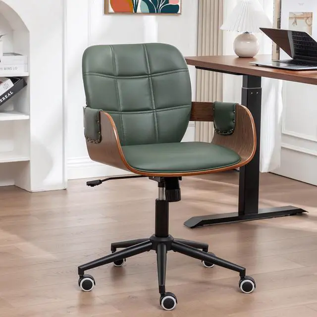 Main image of Home Office Desk Chair with Caster Wheels, Walnut Craftsmanship, Ergonomic Curved Back and Arms, Faux Leather, Height Adjustable, Ideal for Desk Work, Conference Rooms, Set of 1/Walnut Green
