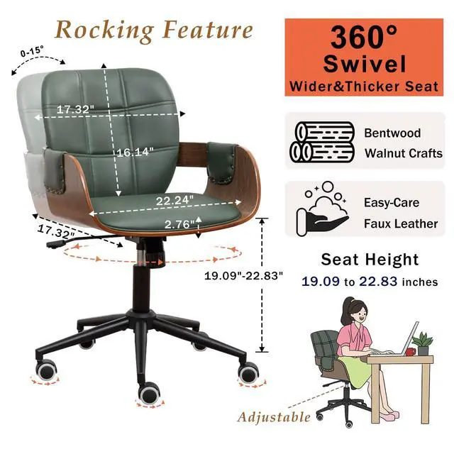 Alt view image 2 of 6 - Home Office Desk Chair with Caster Wheels, Walnut Craftsmanship, Ergonomic Curved Back and Arms, Faux Leather, Height Adjustable, Ideal for Desk Work, Conference Rooms, Set of 1/Walnut Green