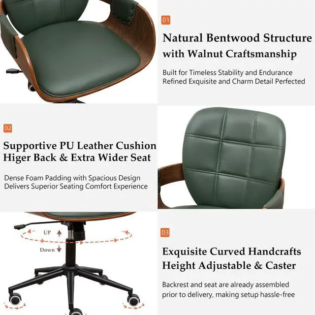 Alt view image 3 of 6 - Home Office Desk Chair with Caster Wheels, Walnut Craftsmanship, Ergonomic Curved Back and Arms, Faux Leather, Height Adjustable, Ideal for Desk Work, Conference Rooms, Set of 1/Walnut Green