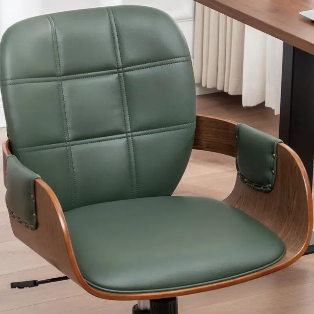 Alt view image 6 of 6 - Home Office Desk Chair with Caster Wheels, Walnut Craftsmanship, Ergonomic Curved Back and Arms, Faux Leather, Height Adjustable, Ideal for Desk Work, Conference Rooms, Set of 1/Walnut Green
