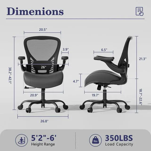 Alt view image 2 of 6 - Ergonomic Office Chair with Memory Foam Cushion, Big and Tall Office Chair, 4.7" Thickened Seat Heavy Duty Desk Chair with Technical Mesh Back, 3D Flip-up Arms, Wheels for Heavy People, Black