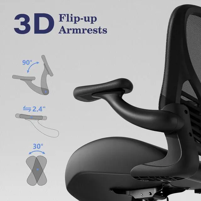 Alt view image 5 of 6 - Ergonomic Office Chair with Memory Foam Cushion, Big and Tall Office Chair, 4.7" Thickened Seat Heavy Duty Desk Chair with Technical Mesh Back, 3D Flip-up Arms, Wheels for Heavy People, Black
