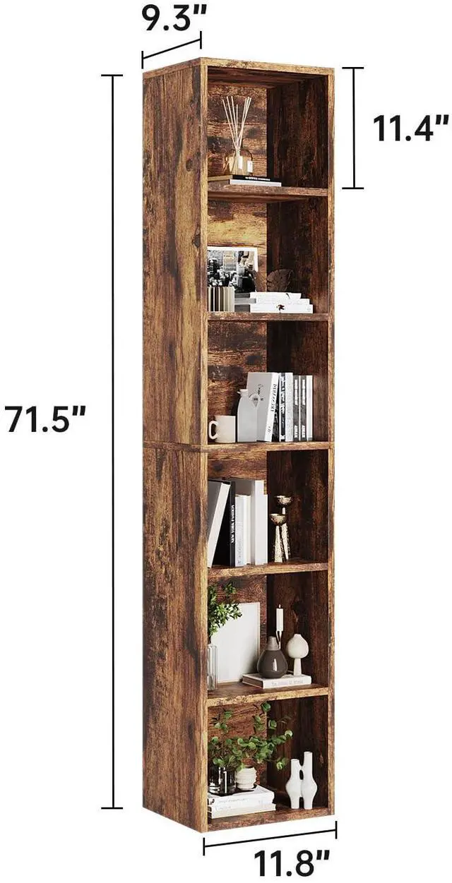 Alt view image 2 of 6 - Narrow Bookshelf, 6-Tier Open Bookcase, Coner Shelf, Storage Shelves, Display Storage Shelves, Floor Standing Unit, Home Decor, Furniture for Home Office, Living Room, Bedroom, Brown