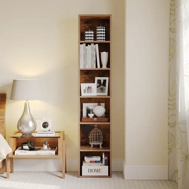 Alt view image 3 of 6 - Narrow Bookshelf, 6-Tier Open Bookcase, Coner Shelf, Storage Shelves, Display Storage Shelves, Floor Standing Unit, Home Decor, Furniture for Home Office, Living Room, Bedroom, Brown