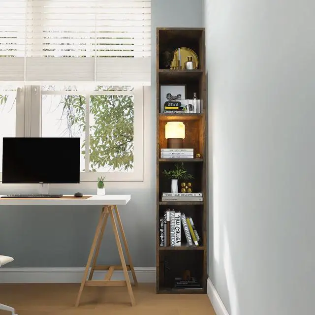 Alt view image 5 of 6 - Narrow Bookshelf, 6-Tier Open Bookcase, Coner Shelf, Storage Shelves, Display Storage Shelves, Floor Standing Unit, Home Decor, Furniture for Home Office, Living Room, Bedroom, Brown
