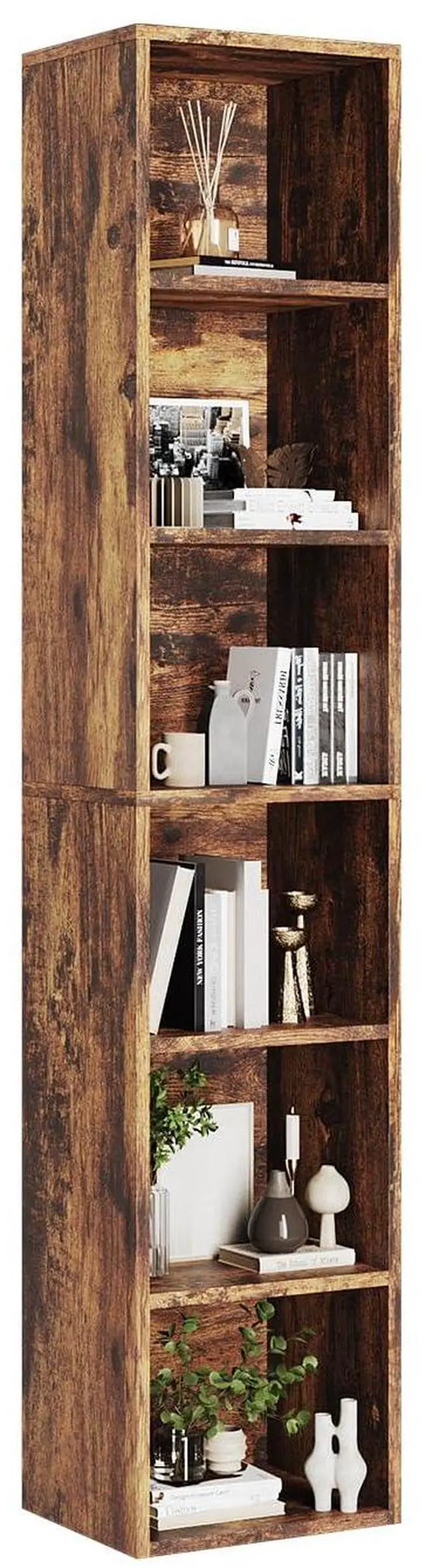Alt view image 6 of 6 - Narrow Bookshelf, 6-Tier Open Bookcase, Coner Shelf, Storage Shelves, Display Storage Shelves, Floor Standing Unit, Home Decor, Furniture for Home Office, Living Room, Bedroom, Brown