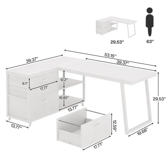 Alt view image 2 of 6 - L-Shaped Computer Desk with 3 Drawers, Reversible Corner Home Office Desk with Shelves, 53-Inch Industrial PC Desk Study Writing Table Workstation for Small Space, White