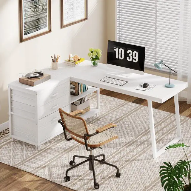 Alt view image 3 of 6 - L-Shaped Computer Desk with 3 Drawers, Reversible Corner Home Office Desk with Shelves, 53-Inch Industrial PC Desk Study Writing Table Workstation for Small Space, White