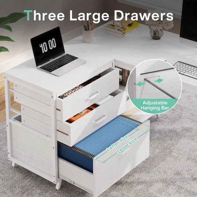 Alt view image 4 of 6 - L-Shaped Computer Desk with 3 Drawers, Reversible Corner Home Office Desk with Shelves, 53-Inch Industrial PC Desk Study Writing Table Workstation for Small Space, White