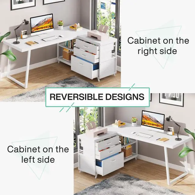 Alt view image 5 of 6 - L-Shaped Computer Desk with 3 Drawers, Reversible Corner Home Office Desk with Shelves, 53-Inch Industrial PC Desk Study Writing Table Workstation for Small Space, White