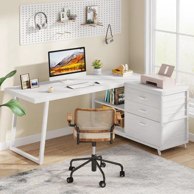 Alt view image 6 of 6 - L-Shaped Computer Desk with 3 Drawers, Reversible Corner Home Office Desk with Shelves, 53-Inch Industrial PC Desk Study Writing Table Workstation for Small Space, White