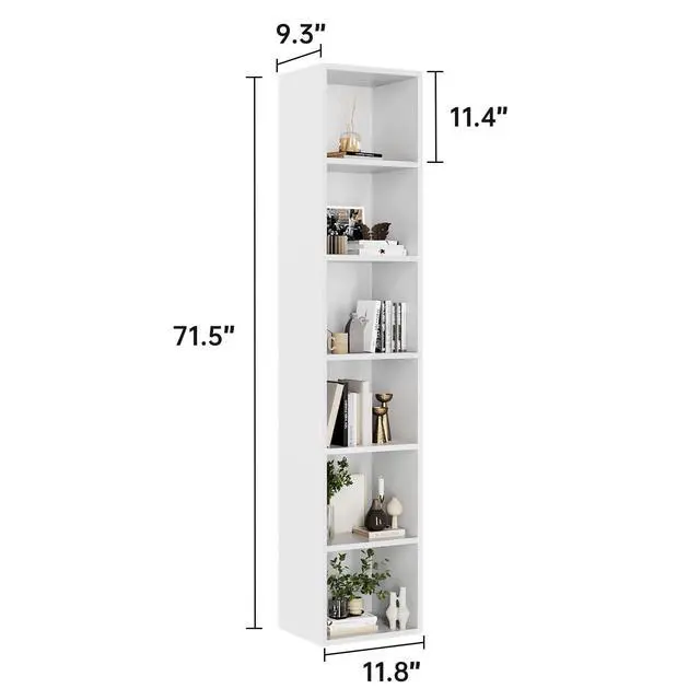 Alt view image 2 of 5 - Narrow Bookshelf, 6-Tier Open Bookcase, Coner Shelf, Storage Shelves, Display Storage Shelves, Floor Standing Unit, Home Decor, Furniture for Home Office, Living Room, Bedroom, White