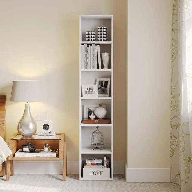 Alt view image 3 of 5 - Narrow Bookshelf, 6-Tier Open Bookcase, Coner Shelf, Storage Shelves, Display Storage Shelves, Floor Standing Unit, Home Decor, Furniture for Home Office, Living Room, Bedroom, White