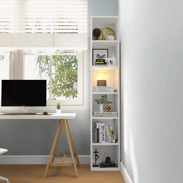 Alt view image 5 of 5 - Narrow Bookshelf, 6-Tier Open Bookcase, Coner Shelf, Storage Shelves, Display Storage Shelves, Floor Standing Unit, Home Decor, Furniture for Home Office, Living Room, Bedroom, White