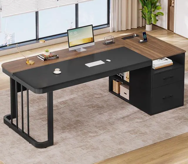 Main image of 70.9" Executive Desk with Power Outlet, Large Office Desk with Drawers & Lateral File Cabinet, Long Computer Desk with Adjustable Storage Shelves, Modern Workstation Business Furniture (Walnut)