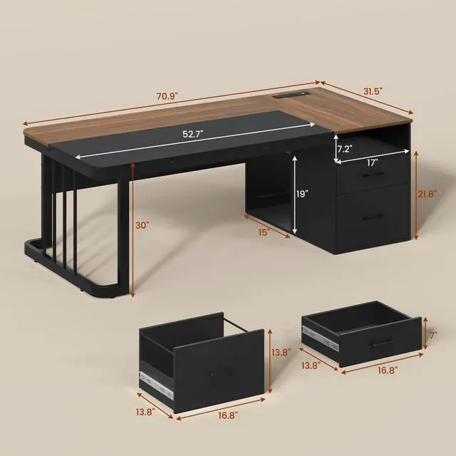 Alt view image 2 of 6 - 70.9" Executive Desk with Power Outlet, Large Office Desk with Drawers & Lateral File Cabinet, Long Computer Desk with Adjustable Storage Shelves, Modern Workstation Business Furniture (Walnut)