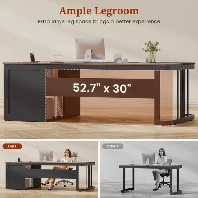 Alt view image 6 of 6 - 70.9" Executive Desk with Power Outlet, Large Office Desk with Drawers & Lateral File Cabinet, Long Computer Desk with Adjustable Storage Shelves, Modern Workstation Business Furniture (Walnut)