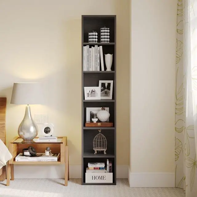 Alt view image 3 of 6 - Narrow Bookshelf, 6-Tier Open Bookcase, Coner Shelf, Storage Shelves, Display Storage Shelves, Floor Standing Unit, Home Decor, Furniture for Home Office, Living Room, Bedroom, Black