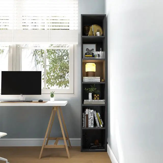 Alt view image 6 of 6 - Narrow Bookshelf, 6-Tier Open Bookcase, Coner Shelf, Storage Shelves, Display Storage Shelves, Floor Standing Unit, Home Decor, Furniture for Home Office, Living Room, Bedroom, Black