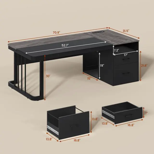 Alt view image 2 of 6 - 70.9" Executive Desk with Power Outlet, Large Office Desk with Drawers & Lateral File Cabinet, Modern Long Computer Desk with Adjustable Storage Shelves, Workstation Business Furniture (Grey)
