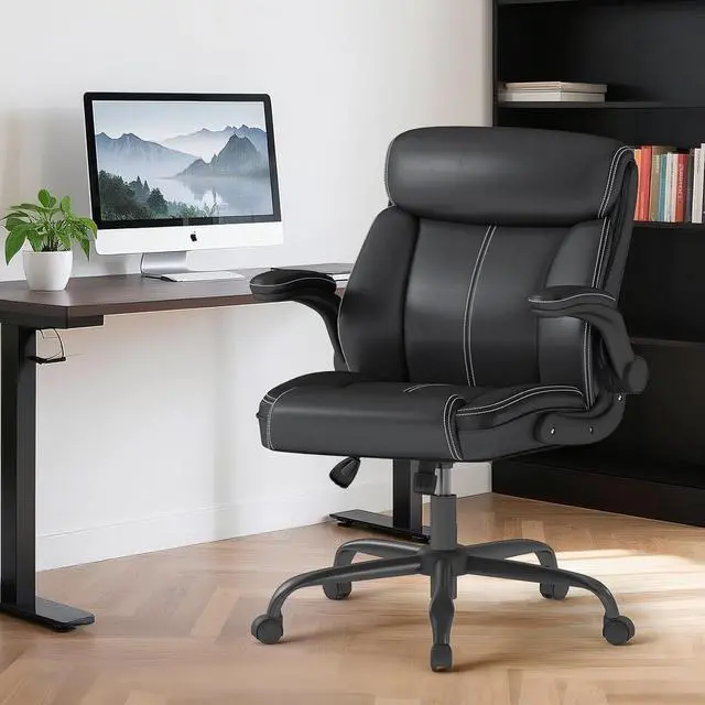 Alt view image 2 of 6 - 1Pcs Office Chair for Men Women Home Office Pu Leather High Back 360 Swivel Rocking Function Ergonomic Chair with Flip-Up Arms Lumbar Support Rolling Wheels Adjustable Height -Black Size
