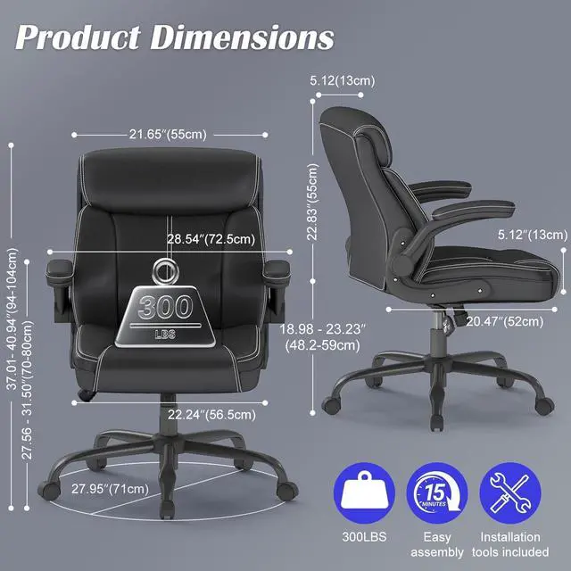 Alt view image 3 of 6 - 1Pcs Office Chair for Men Women Home Office Pu Leather High Back 360 Swivel Rocking Function Ergonomic Chair with Flip-Up Arms Lumbar Support Rolling Wheels Adjustable Height -Black Size