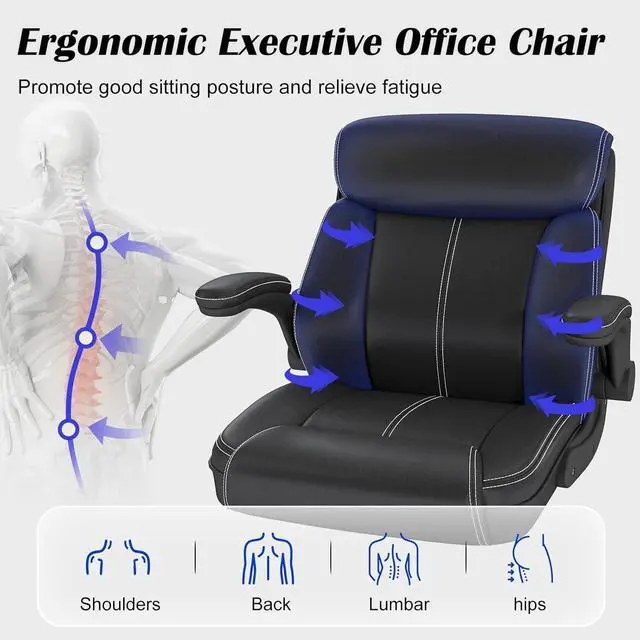 Alt view image 5 of 6 - 1Pcs Office Chair for Men Women Home Office Pu Leather High Back 360 Swivel Rocking Function Ergonomic Chair with Flip-Up Arms Lumbar Support Rolling Wheels Adjustable Height -Black Size