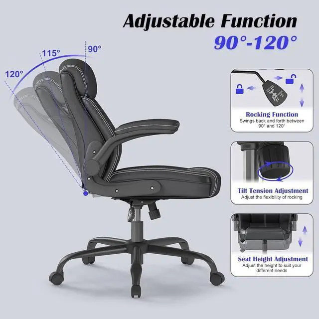 Alt view image 6 of 6 - 1Pcs Office Chair for Men Women Home Office Pu Leather High Back 360 Swivel Rocking Function Ergonomic Chair with Flip-Up Arms Lumbar Support Rolling Wheels Adjustable Height -Black Size