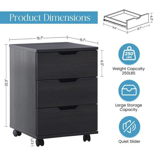 Alt view image 2 of 6 - 3-Drawer Under Desk Wooden File Storage Cabinet with Lockable Caster for Home Office,Black,Required Assembly