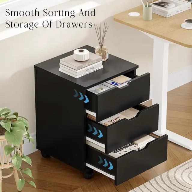 Alt view image 3 of 6 - 3-Drawer Under Desk Wooden File Storage Cabinet with Lockable Caster for Home Office,Black,Required Assembly