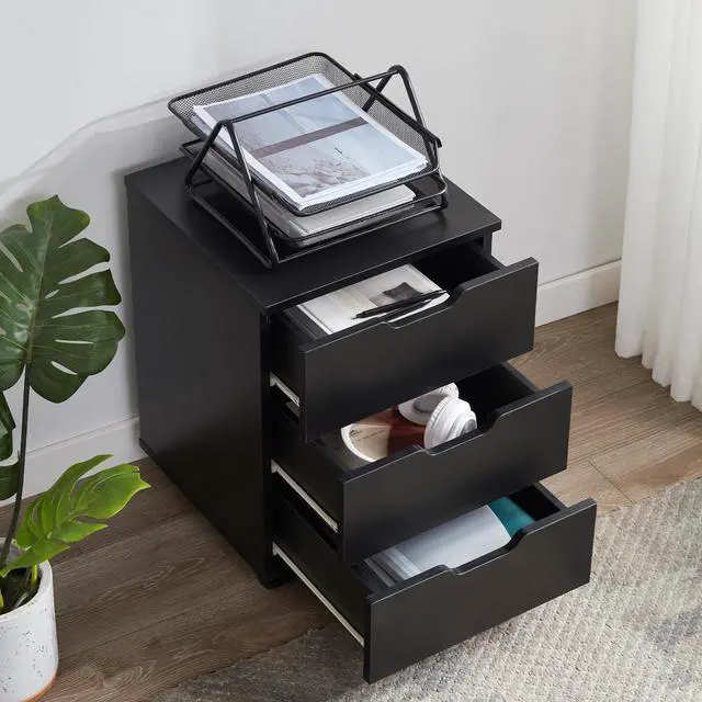 Alt view image 4 of 6 - 3-Drawer Under Desk Wooden File Storage Cabinet with Lockable Caster for Home Office,Black,Required Assembly
