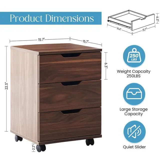 Alt view image 2 of 6 - 3-Drawer Under Desk Wooden File Storage Cabinet with Lockable Caster for Home Office,Brown,Required Assembly