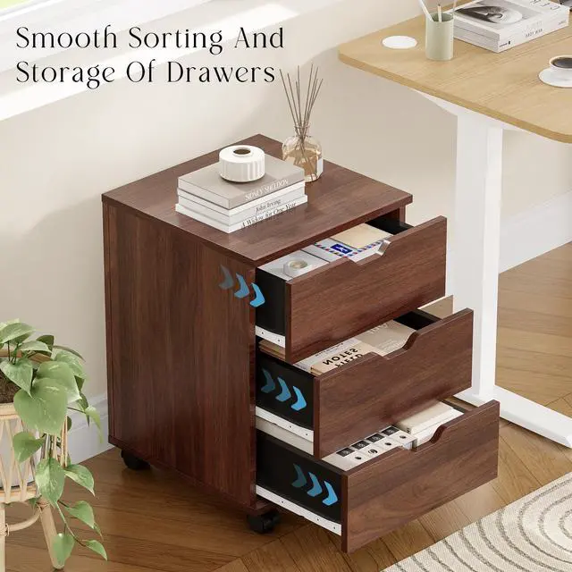 Alt view image 3 of 6 - 3-Drawer Under Desk Wooden File Storage Cabinet with Lockable Caster for Home Office,Brown,Required Assembly